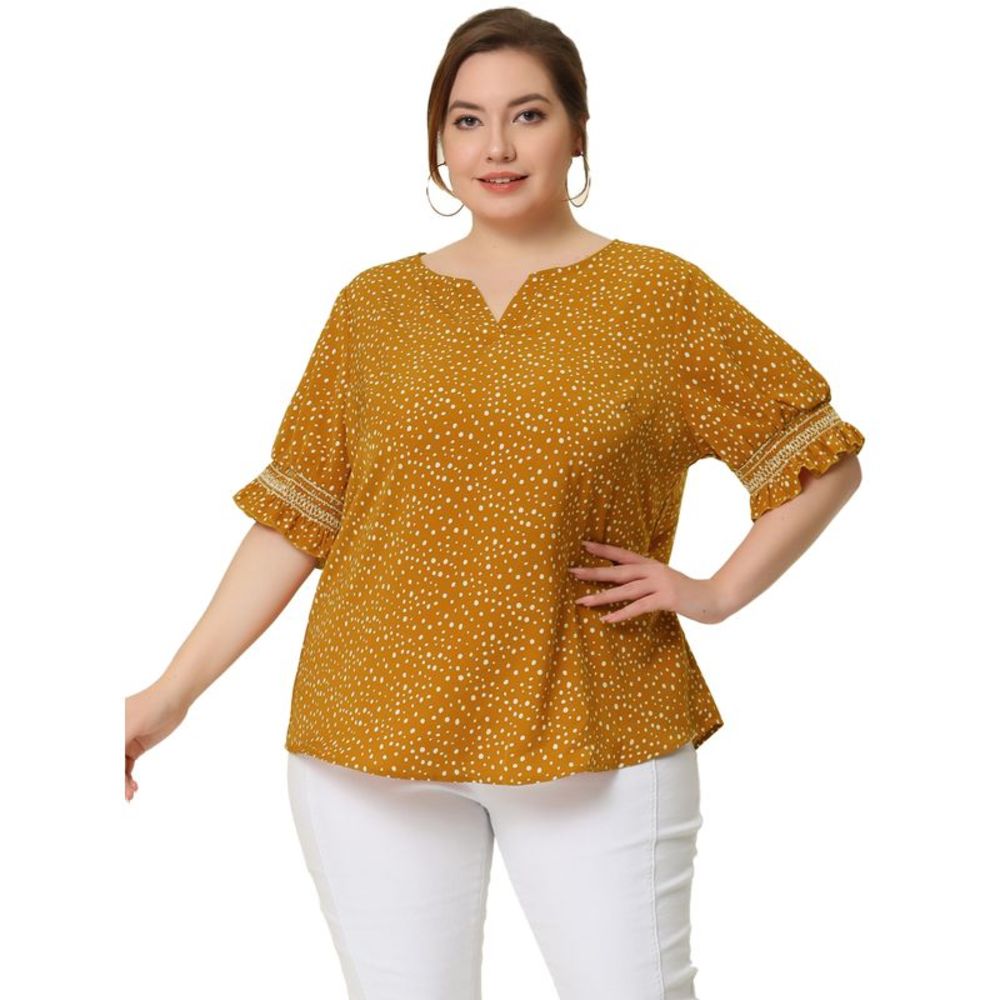 Plus Size Top for Women Pin Dots Boho Smocked Short Sleeves Blouses Yellow